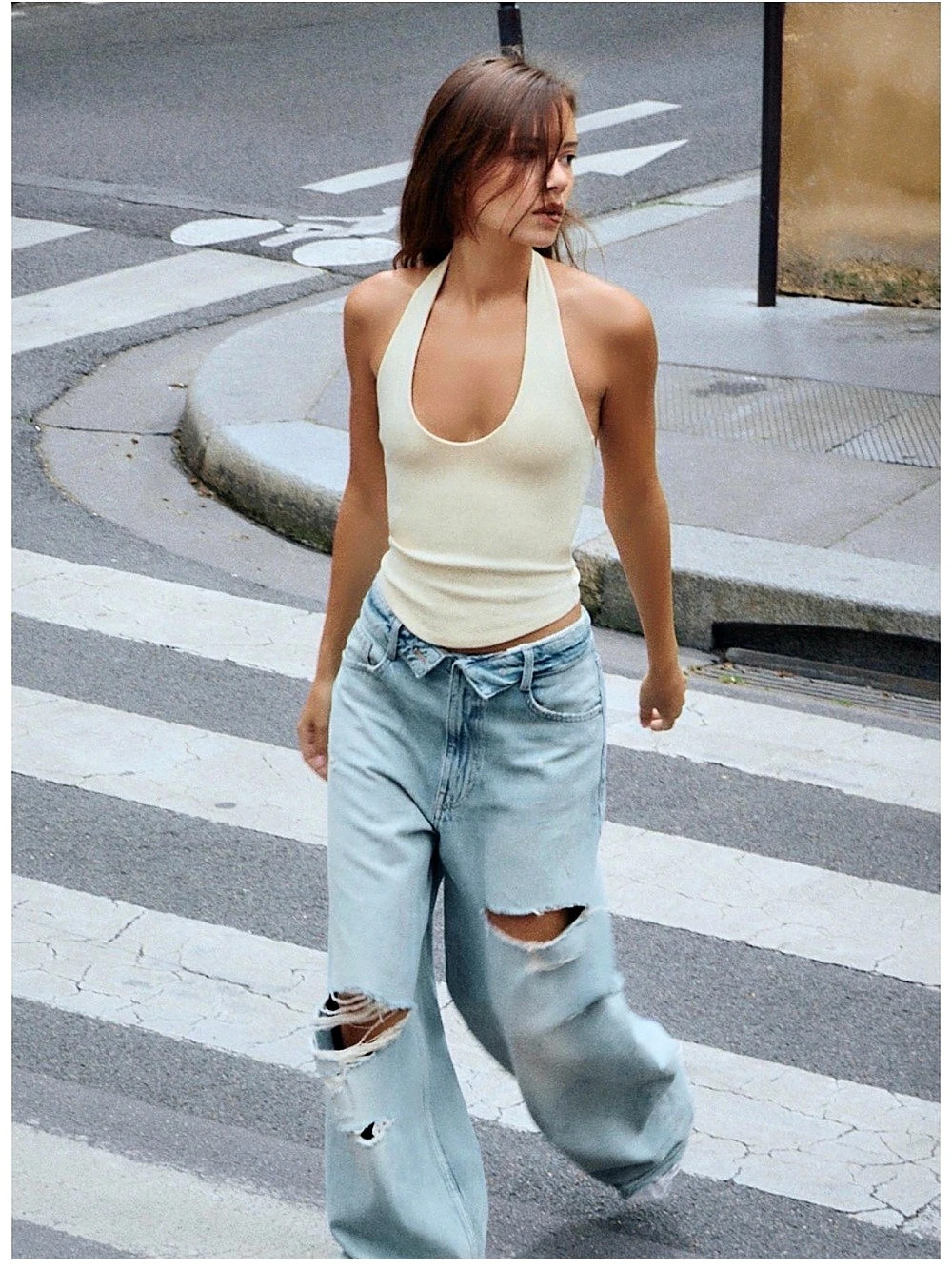 Zara TRF Mid-Rise Folded Waist Ripped Jeans Blue